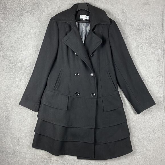 Calvin Klein Coat Womens Black Double Breasted Tiered Ruffle Hem Peacoat Style - Picture 1 of 16